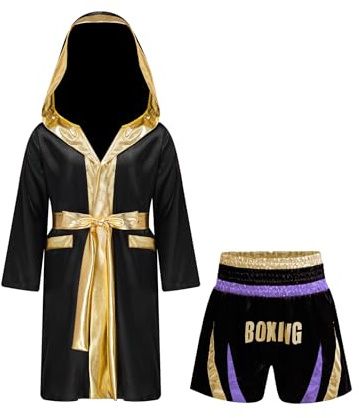 Eandarui Pantalon Boxe pour Enfant avec Gilet Boxeur Pantalons Muay Thai MMA Kickboxing Costume Training Complet pour Boxeur pour Le Grappling Et Les Arts Martiaux Violet Clair et Or 5-6 Ans