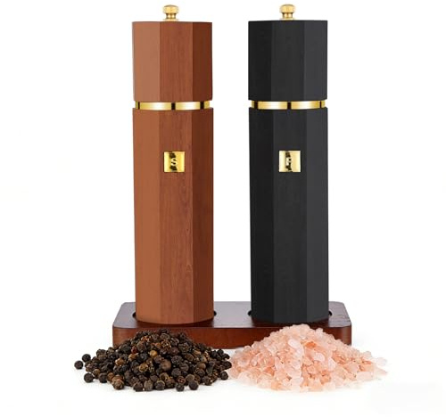 Fewuto Solid Wooden Salt and Pepper Grinder Set - Adjustable Ceramic Grinder Refillable Manual Mill Natural Wood Finish, 8 Inch Kitchen Dining Table Essential Birthday Gift 2 Pack