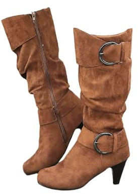 MASHANGGOU Bottes hautes en daim noir au genou pour femme, bottes montantes au genou pour femme, talon aiguille à talon aiguille côté fermeture éclair au mollet, bottes de cowboy décontractées à