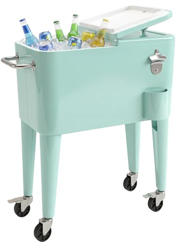 Outsunny Carro de Bebidas Refrigerado 56L con Ruedas, Carro Nevera con Abrebotellas, Recogetapas y Asa, para Patio, Fiesta, Terraza, 75x35x78 cm, Verde Claro