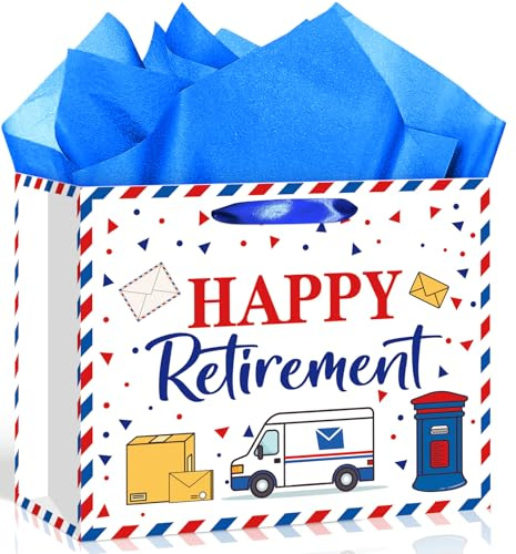 Mailman Retirement Gift Bag with Tissue Paper Card, Red Blue Mail Happy Retirement Gift Bags Mail Truck Mailbox Wrapping Paper Bag for Postal Worker Retired Farewell Going Away Party Favors