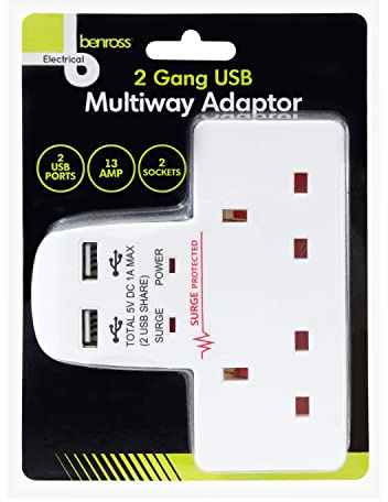 Benross 45600 Standard 2 Way Wall Adaptor Socket/Includes 2 USB Slots/Surge Protected / 1 Amp USB Charging Current/Compact & Lightweight Design/UK Plug Sockets