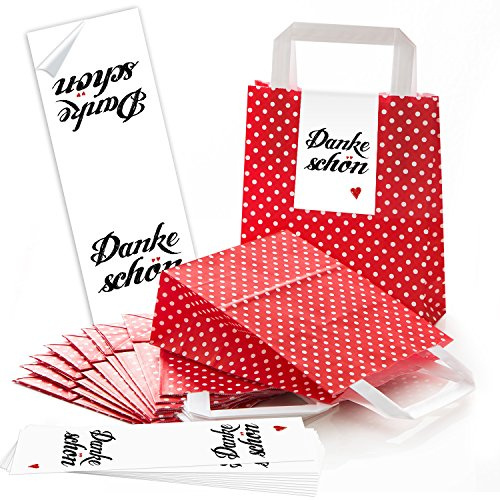 Logbuch-Verlag 25 Papiertüten rot weiß gepunktet mit DANKESCHÖN Aufkleber mit Herz Danke Geschenk Verpackung Papiertaschen mit Henkel & Boden