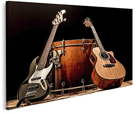 islandburner Bild auf Leinwand Musikinstrumente Bass Drum Barrel Akustische Gitarre Bassgitarre Schwarzer Hinte Bilder Wandbilder Poster