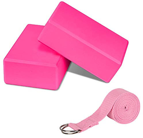 PUDSIRN Yoga-Block-Set, Hochdichte EVA-Schaum-Blöcke, Rutschfest, Mit Gurt und Metall-D-Ring zur Verbesserung der Balance und Flexibilität für Pilates, Meditation, Rosa, 2 Stück