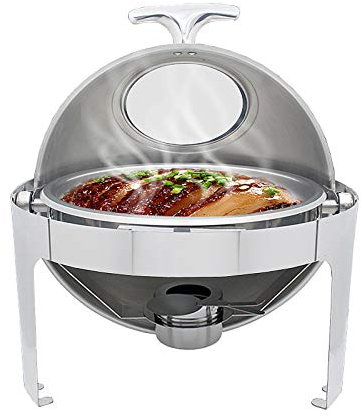 Roll Top Chafing Dish, 6.8L Stainless Steel Chafer with Visible Window, Round Buffet Food Warmer Set with Food Pan, Water Pan and Fuel Holders (Silver)