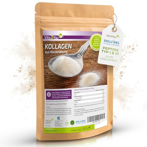 Vita2You Collagen Pulver 500g - 100% Bioaktives Kollagen - Solugel - aus Weidehaltung und zertifizierter grasfütterung - Hydrolysat Peptide Typ 1 und 3 Eiweiss - Premium Qualität