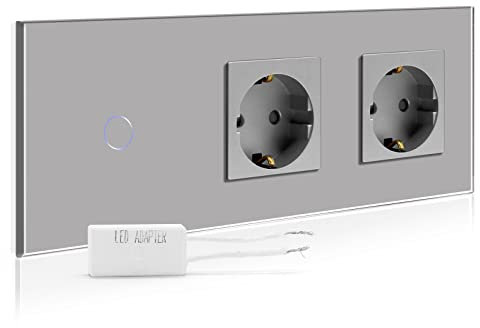 BSEED Interruptor regulador de luz con enchufe doble,1 Gang 2 Vías LED Dimmer Switch con Schuko Enchufe,16A 250V Enchufe de pared,Interruptor de luz con pantalla táctil Gris(Adaptador Led requerido)
