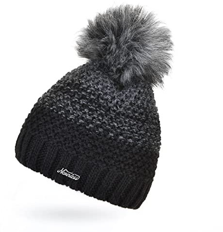 Neverless® Damen Strick-Mütze gefüttert Fleece Fell-Bommel Kunstfell Winter-Mütze Bommelmütze Grobstrick Mehrfarbig schwarz-dunkelgrau Unisize