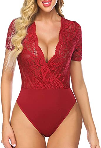 Avidlove Dam spets body sexig kortärmad bodysuit blus v-ringad nättoppar eleganta toppar med snap crotch, Mörkröd, S