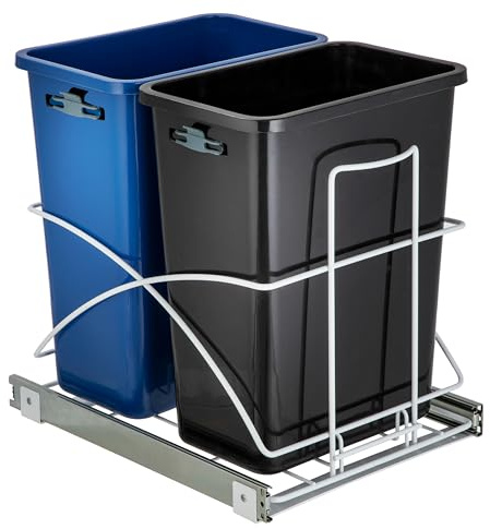 Home Zone Living 15 Gallon Pull Out Dual Kitchen Trash Can for Recycling and Trash, Under Sink in-Cabinet Design, 58 Liter Total Capacity