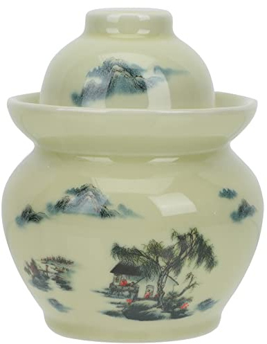 Angoily Ceramic Pickle Jar Homemade Water Seal Fermenting Jar Sauerkraut Crock Container Vegetables Kimchi Jar Canister for Home Kitchen