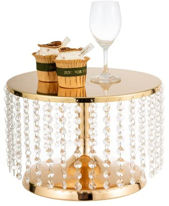 LoveCat 8 Inch Tall Wedding Gold Cake Stand - 12 Dia Round Base Cake Serving Stand with Crystal Chandelier, Dessert Cupcake Pastry Candy Display Plate for Weddings, Birthdays and Special Occasions