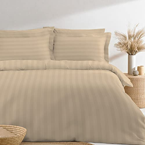 Pizuna 100% Cotton Taupe Satin Stripe Duvet Cover Set Super King Size, 300 Thread Count Damask Bedding Long Staple Cotton Sateen 260 x 220 cm Quilt Cover with Button Closure (Taupe Striped Bedding) | Satin Stripe, 300 Thread Count, Damask Bedding Long Staple Cotton Sateen 260 x 220 cm Quilt Cover with Button Closure