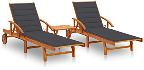 ZEYUAN Sonnenliegen 2 STK. mit Tisch und Auflagen, Strandliege, Gartenliege, Relaxliege, Saunaliege, Poolliege, Campingliege, Garten Liegen, Massivholz Akazie