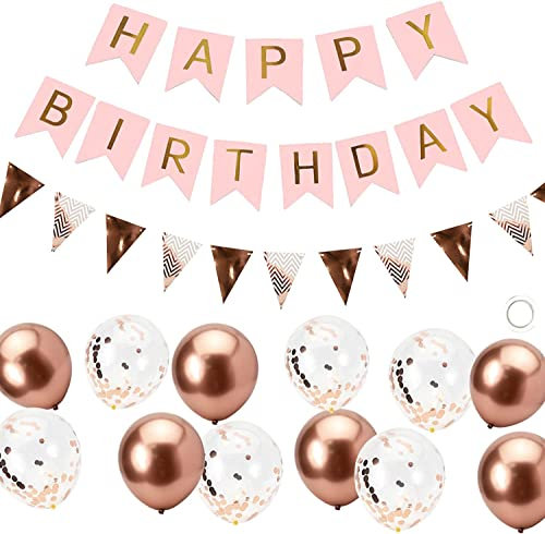Kriovoa Rose Gold Happy Birthday Banner, Bunting Birthday Decorations for Girls and Women with 12 Latex Balloons - Perfect for Birthday Parties