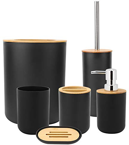 Ejoyous 6Pcs Badezimmer Set, Haushalt Badezimmer Seifenkiste Zahnbürstenhalter Spültasse Lotion Flasche Zubehör Kit für Badezimmer Home Family (Schwarz)