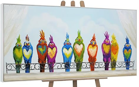 YS-Art Quadri acrilici su tela Dipinti a mano divertenti uccelli Moderni per luminosi e colorati Immagine da parete con cornice 160x80 cm