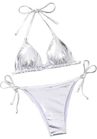 Falainetee Dam Metallisk Blank Baddräkt Hög Midja Triangel Slips Sida Baddräkt Bikini Set, SILVER, S