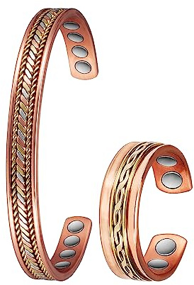 Reines Kupfer-Set, Magnettherapie-Arthritis-Schmuck für Männer und Frauen, Lymphdrainage-Magnetfeldtherapie-Armbänder und -Ringe, lindert effektiv Arthritis und Karpaltunnelschmerzen (3500 Gauss) (K)