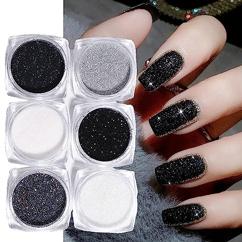 GZSYY Polvo de purpurina para uñas, color negro, blanco, 6 unidades, holográfico brillante, diseño de uñas para arte de uñas, manicura
