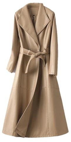 Frauen Leder Lange Trenchcoats Büro Damen Einreiher Knöpfe Gürtel Schaffell Mäntel, khaki, 50