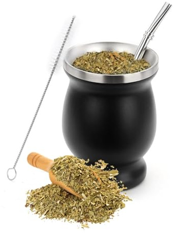 Yitobici Mate Becher Set mit Mate Strohhalm und Reinigungsbürste, Doppelwand Isolier Design aus Edelstahl 304, für Mate Tee und andere Getränke (Schwarz)