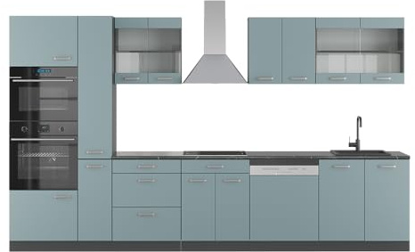 Vicco Küchenzeile R-Line, Blau-Grau/Anthrazit, 350 cm