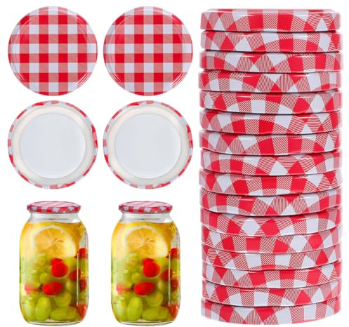 Homoyoyo 40Pcs Jam Jar Lids 63mm Twist-Off Replacement Caps Metal Airtight Gingham Covers for Preserving Chutney Honey Pickles Home Canning Supplies
