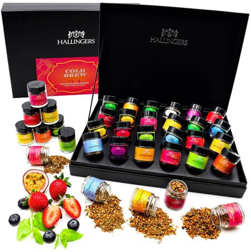 Hallingers Genuss Manufaktur Cold Brew Tee Geschenkset - 24 Sorten Premium loser Tee im Glas in edler Geschenkbox, vegan & glutenfrei, Tee Set als Probierset, erfrischende Geschenkidee für Frauen