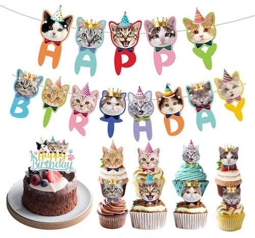 Huakaile 10 Pcs Cat Birthday Decorations, Cat Happy Birthday Banner + Cake Topper + 8 Kitty Cupcake Toppers, Kitten Face Cutouts Cat Themed Party Supplies for Pet Lovers