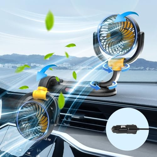 Nauttxon 12V Fan for Car Dashboard- Cigarette Lighter - 180° Up Down 360 ° Rotatable - 3 Speed Wind Car Cooling Fan for SUV RV Truck Boat - 12V Dual