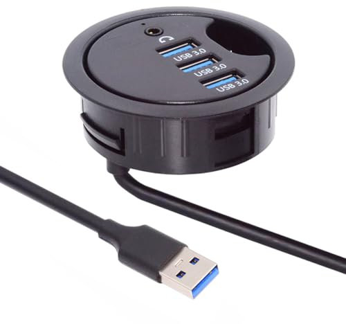 Cablecc 3 Port USB 3.0 Hub Sound Card USB Splitter 60mm Desk Grommet Dock Station Headphone Mic Audio Interface for Desktop PC(USB 3.0 and 3.5mm Audio Port)