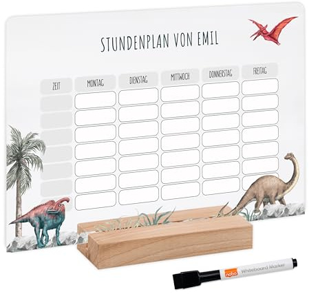 Bärenfreunde® - Personalisierbarer & Abwaschbarer Stundenplan aus Acryl + Stift, Holzhalter - Einschulung Geschenk, Schultüte zum Schulanfang oder Grundschule (Dinosaurier,ohne Holzhalter)