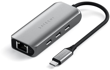 SATECHI USB-C Ethernet Adapter Gigabit 4-in-1, 3X USB-C 3.2 10 Gbit/s, Highspeed-Netzwerk Plug & Play, für MacBook, iPad, Windows, Android, Chrome und mehr