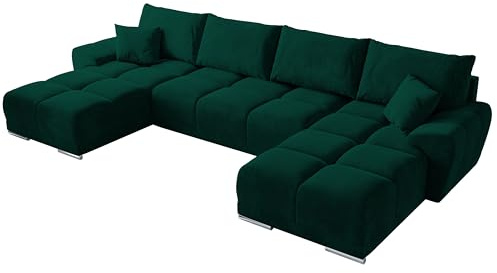 BROMARKT Ecksofa mit Schlaffunktion und Bettkasten 372x184x85 cm Sofa Eckcouch Wohnlandschaft U Form Couch Bettsofa siebensitzer Schlafsofa NUBES U Dunkelgrün