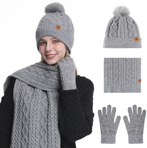 Oneshlee Mütze, Schal & Handschuh-Sets Für Damen 3 In 1, Stricmütze Mit Bommel Damen, Flauschige Und Warme Touchscreen Handschuhe, Strickschal Strickhandschuhe Beanie Wintermütze Wärmer Pudelmütze