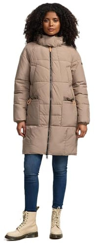 Navahoo Damen Winterjacke (XS-6XL) - Wasserabweisend, 6 Taschen, gefütterte Kapuze, Taillengürtel, lang, Steppmantel, Warme Jacke Frauen - N021 (3XL, Taupe-Grey)