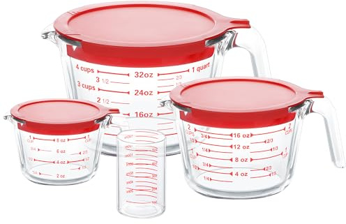 KOMUEE 4 Piece Glass Measuring Cups Set, 5 Oz, 1-Cup, 2-Cup, 4-Cup Liquid Measuring Cups with Lids for Kitchen, Freezer and Microwave Safe