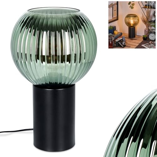 HOFSTEIN Tischleuchte Koyoto, Tischlampe aus Metall/Riffelglas in Schwarz/Grün, Leuchte im Retro/Vintage-Design mit Glasschirm, Ø 20 cm, E27, Wohnzimmer, Schlafzimmer, Esszimmer, Flur, Büro
