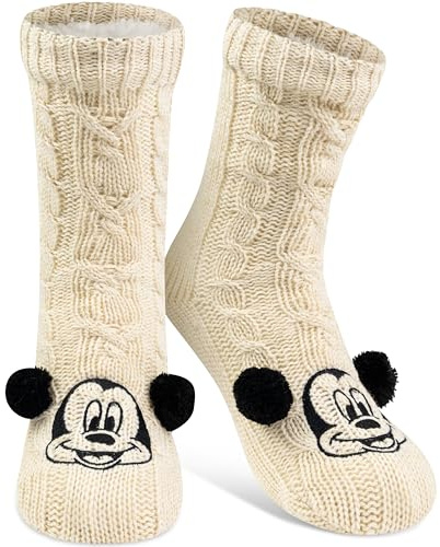 Disney Mickey Mouse Chaussettes d'intérieur en tricot avec oreilles et doublure Sherpa pour femme Chaussettes douillettes d'hiver chaudes pour femme Taille unique Blanc, Blanc., 38/43 EU