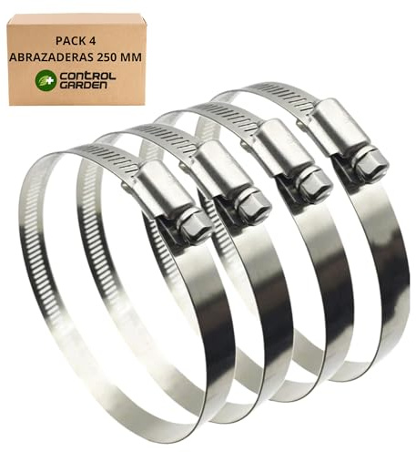 CONTROL GARDEN Pack 4 Abrazaderas Acero Inoxidable para Tubos, Mangueras y Conductos 250 mm Diámetro - Abrazadera Metálica Tuberías Agua, Sistemas Ventilación - Resistente y Segura