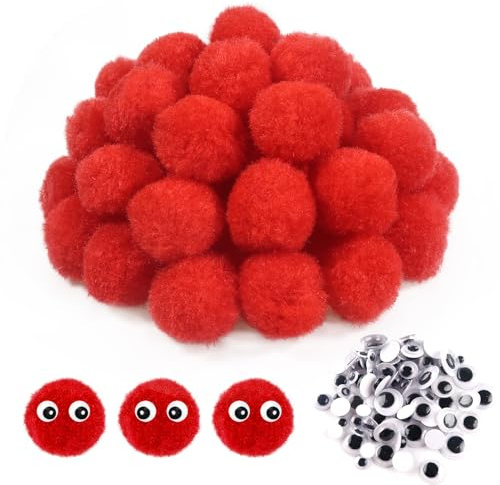 TOAOB 50 Stück 30 mm Rot Pompons zum Basteln Groß Pom Poms | mit Selbstklebend Wackelaugen, Bälle Kunst Bommel für Dekorieren, Verzieren Nähen DIY Lustige Kreativen Handwerk