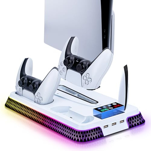 Wigearss Kylstativ för PS5 Slim/Pro med dubbel kontroll, laddningsstation för spelning, 5-skiva/digital konsol, kylstation med RGB-ljus och puls hörlurskrok för PS5-tillbehör