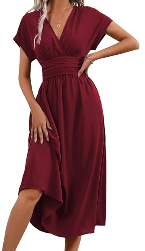 LIAMERHE Vestido Verano Manga Corta Mujer Casual Vestidos Largos Cuello en V Elegante Plisado Vestido Línea A Vestido Largo para Fiesta en Playa Burdeos L