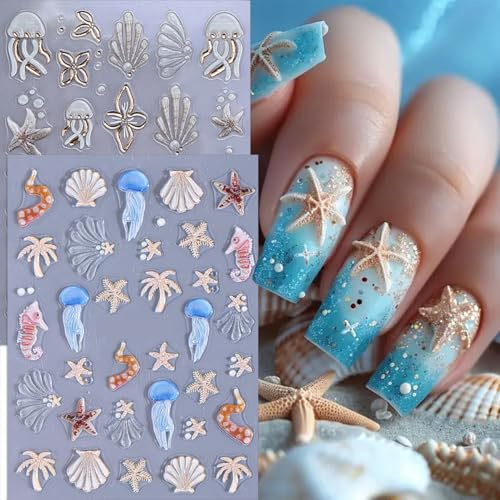 Auiremrti 2 Stück Sommer-Nagelaufkleber,5D-Strandmuschel-Nagelaufkleber,Geprägte Ozean-Nagelkunstaufkleber,Selbstklebende Quallen,Seesterne,Palmen,Muschel-Design