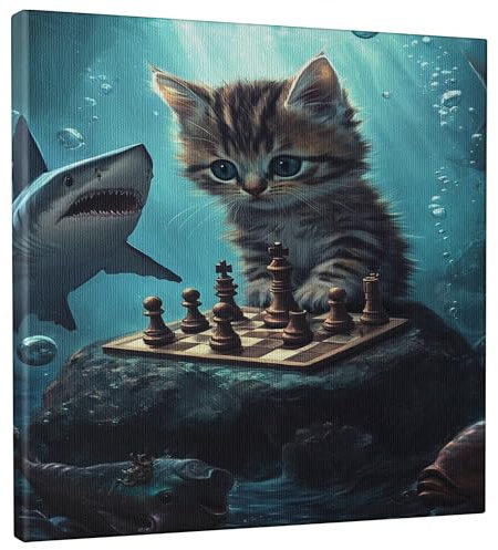 Stampa artistica da parete su tela con gattino sottomarino a scacchi, gatto blu grigio che gioca a scacchi, divertente decorazione estetica oceanica per soggiorno, camera da letto, sala giochi, tela