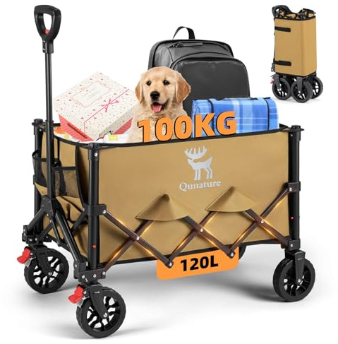 Qunature Chariot à roulettes Chariot de Transport 120L à Roues Tout Terrain avec Frein, Poignée Réglable et Cadre en Acier Carbone, pour Jardin, Plage, Camping, Transport Extérieur, Kaki