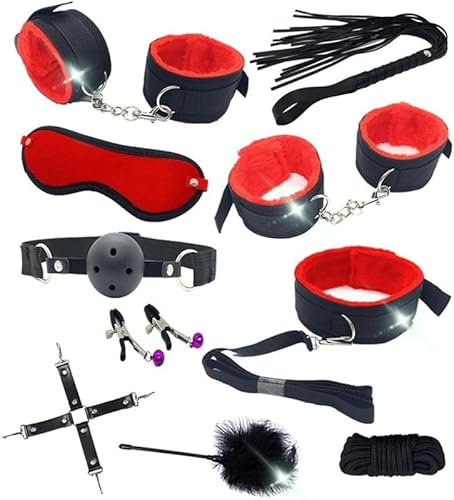 QiKKago Sex Bondage Set Set di 10 Pezzi Rosso, Alta qualità Pu Cuoio in Peluche Braccialetto, Adatto per Adulti E Coppie Articoli Sessuali, Regali Eccentrici, F7