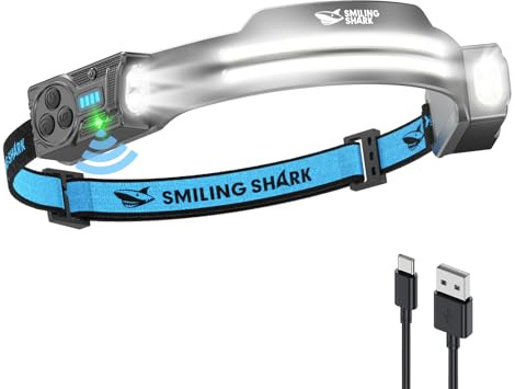 Smiling Shark TS-2 Kopflampe, LED Stirnlampe Aufladbar 2400mAh mit Schwenkbares Dual-Spotlight & Floodlight & Strobe mit Bewegungssensor Hands-Free Design für Camping Joggen Wandern Laufen (1 Pack)